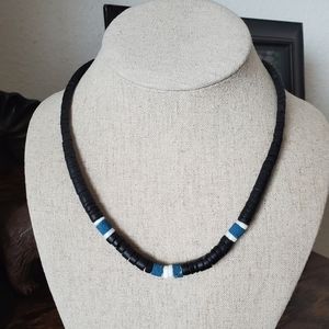 Blue, black and white 18" beaded necklace